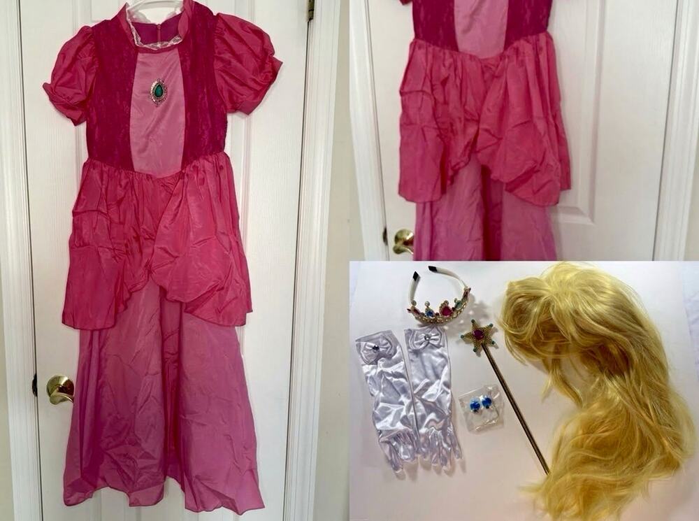 Princess Peach Costume Set Girls Size 10, Wig, Crown, Gloves, Wand &